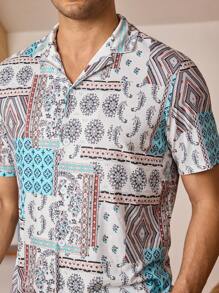 Men Patchwork Print Top & Shorts PJ Set / Pajama Set