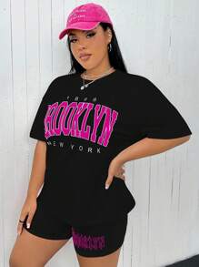 Flirla Plus Letter Graphic Drop Shoulder Tee & Biker Shorts - Black - View 3