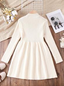 Tween Girls  Button Detail Ribbed Knit Tied Backless Dress - Beige - View 2