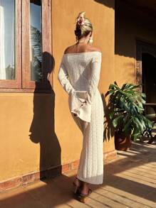 SHEIN VCAY Wakacyjna damska, długa, elegancka sukienka sweterkowa z okrągłym dekoltem i rękawami typu trąbka - Morela - Zobacz 4