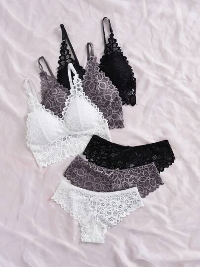 3packs Bloemen Kanten Lingerie BH Slipje Sets view 3