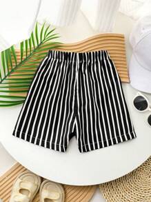 SHEIN Young Boy's Casual Striped Drawstring Summer Suit Shorts - Black - View 2