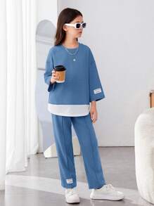 SHEIN Bộ áo cổ tròn và quần dài dệt kim thông thường của Tween Girls - Màu xanh bụi bặm - Xem 3