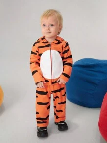SHEIN 2入組寶寶男孩休閒3D老虎紋帽衣和長褲套裝 - 橘色 - 查看 6