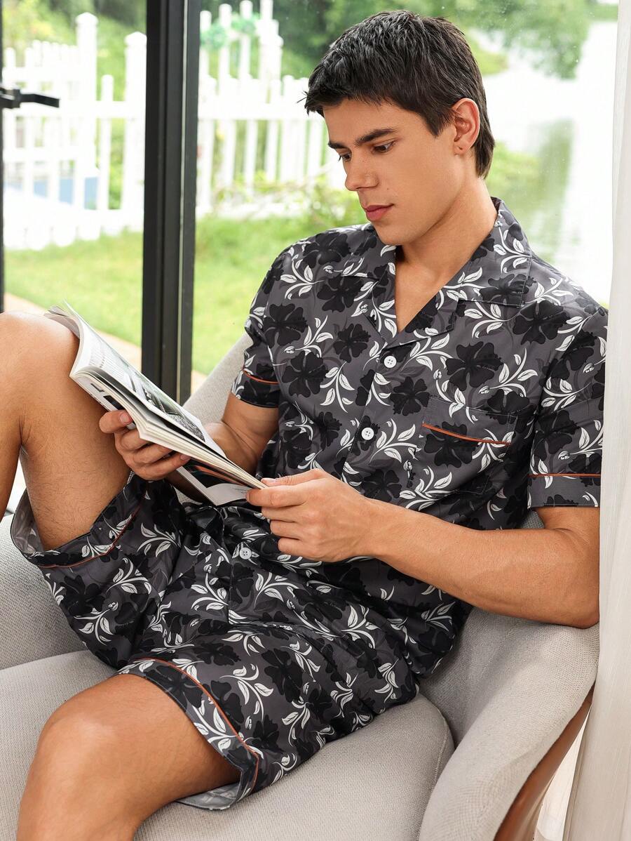 Men Tropical Print Contrast Piping PJ Set / Pajama Set - Multicolor - View 1