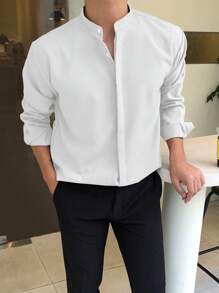 DAZY Koszula męska z kołnierzykiem stójkowym i guzikami, jesienna koszula męska z długim rękawem