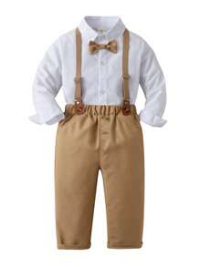 SHEIN 年輕男孩白色長袖襯衫搭配卡其色褲子正裝套裝 - 白色 - 查看 1