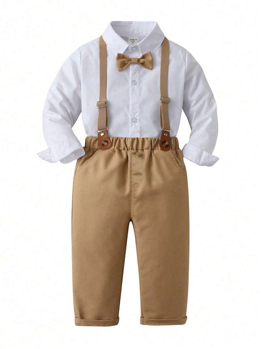 SHEIN 年輕男孩白色長袖襯衫搭配卡其色褲子正裝套裝 - 白色 - 查看 1