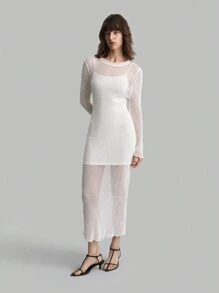 Ontre Damen lang gestrickes Kleid mit Hohlmuster, weiß, für die Herbstsaison - Weiss - Übersicht 4