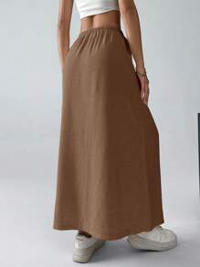SHEIN EZwear Solid Drawstring Waist Casual Brown Skirt - Coffee Brown - View 2