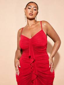 SHEIN BAE 加大码女式罩杯紧身长裙，前部有优雅荷叶边装饰和褶皱，女士生日礼服 - 紅色 - 查看 7
