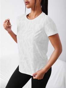 Easithlete 几何印花弧形下摆运动压缩T恤 女式健身房衬衫 - 白色 - 查看 4