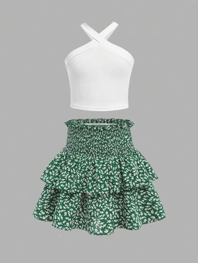 SHEIN Girlism 2pcs/Set Tween Girl Casual Knitted Cross-Back Top And Layered Cake Skirt, Spring/Summer Holiday Outfits