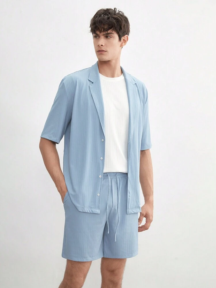 Men's Plain Knitted Loose-Fit Drop-Shoulder Regular Casual Jacket And Shorts Set, Suitable For Spring And Summer