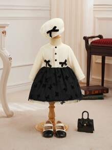 SHEIN Đứa bé gái Nơ mặt trước Lưới tương phản Đầm & Mũ - Màu be - Xem 1