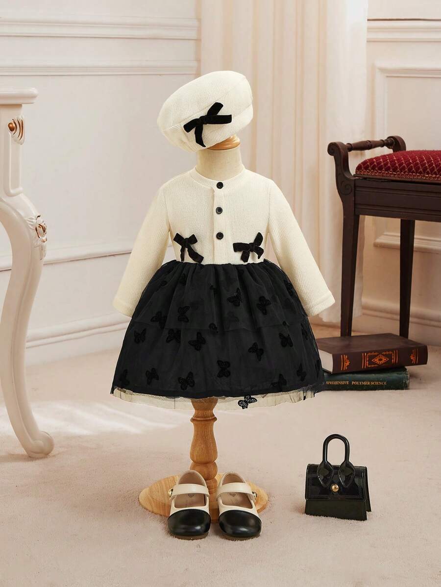 SHEIN Đứa bé gái Nơ mặt trước Lưới tương phản Đầm & Mũ - Màu be - Xem 1