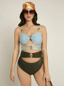 SHEIN Maternity Color Block Cut Out Summer Beach One Piece Swimsuit