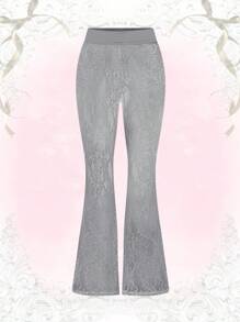 Flirla Pantalones de encaje con vuelo y unicolor elegantes para mujer para el verano