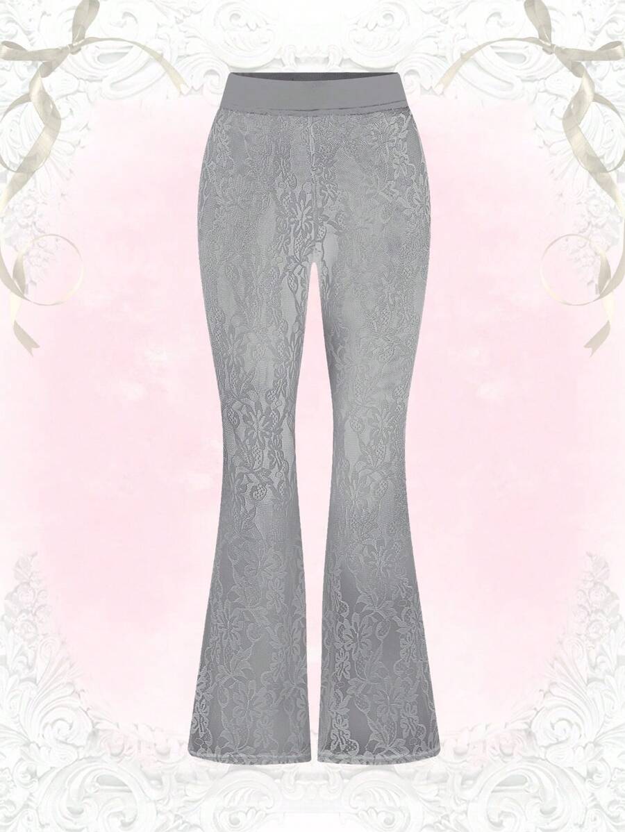 SHEIN Unity Women's Elegant Solid Color Lace Flared Pants For Summer - Grey - View 1