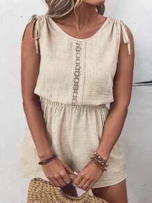 SHEIN LUNE Rompimiento de verano de manga corta con encaje de guipur, cintas en los hombros y en el incremento para mujeres de talla grande