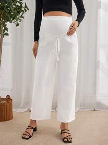SHEIN 孕婦高腰打結前直筒褲 - 白色 - 查看 6