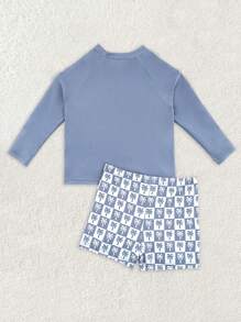 嬰兒男寶寶字母圖案線縫連肩袖泳衣 - 灰色 - 查看 2