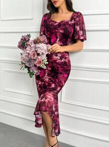 Modelyn Floral Print Butterfly Sleeve Split Back Dress Long Evening Dresses - Multicolor - View 5