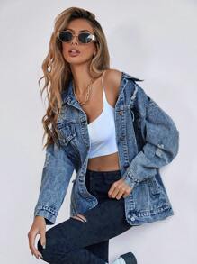 SHEIN Frenchy Cazadora mezclilla desgarro de hombros caídos