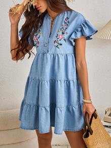 SHEIN LUNE Floral Embroidery Flounce Sleeve Ruffle Hem Denim Dress - Light Wash - View 5