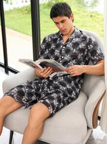 Men Tropical Print Contrast Piping PJ Set / Pajama Set - Multicolor - View 4
