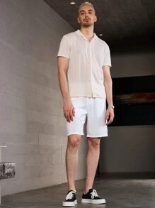 Manfinity Homme 男士純色短袖鈕扣衫，適合日常穿著 - 杏色 - 查看 3