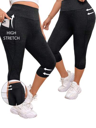 SHEIN Essnce Women's Plus Size Deep Grey Fashionable Casual Tights With Pockets