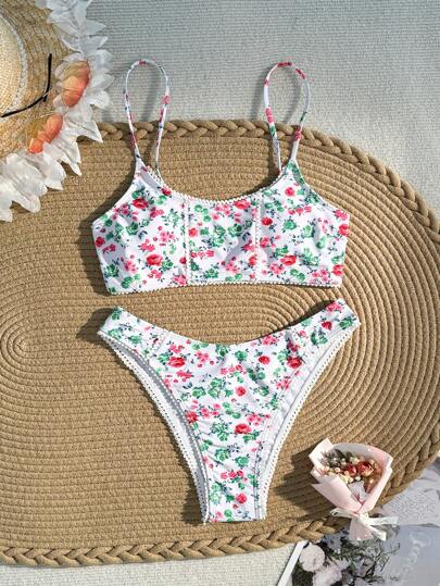 SHEIN Swim Women's Summer Beach Ditsy Floral Sexy Bikini Separates, Random Print