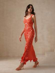 Anewsta Women's Red Exclusive Paillette-Sequined Crocheted Midi Cover Up Dress Summer - Orange - View 1