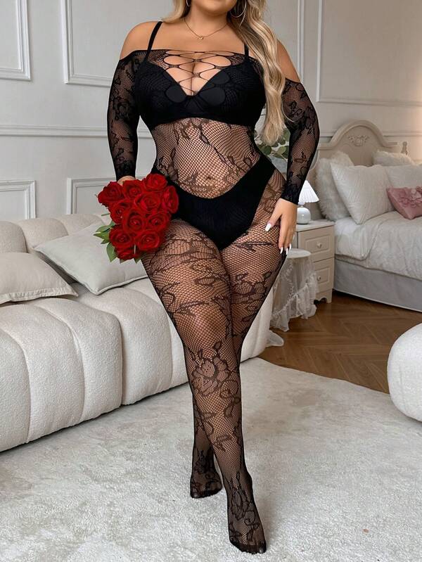 ChaseTheNight Mujeres de talla grande Body largo de malla sexy de manga larga con hombros descubiertos y hueco transparente