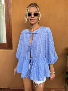 Forever 21 格子浅蓝色系带泡泡袖衬衫女式开衫，泡泡袖衬衫，女式衬衫配蝴蝶结腰带 - 藍色 - 查看 8