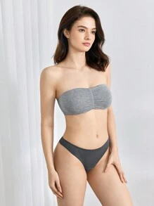 Ocili Leisure Solid Ruched Bandeau Bra Top - Light Grey - View 8