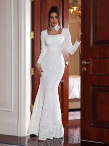 Women's Square Neck Long Sleeve Fishtail Formal Evening Dress - White - View 1