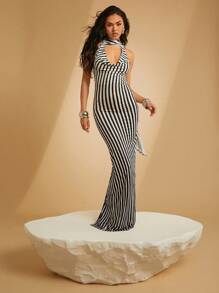 SHEIN Unity Stripe Satin Cowl Neck Dress With Sash