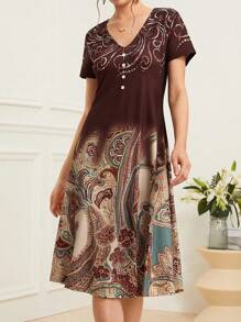 Vestido de talla grande con botones delanteros con estampado de cachemira - Multicolor - Ver 3