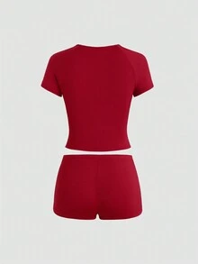 SHEIN Unity Bộ đồ hai mảnh in chữ thường ngày mùa hè và quần short cạp thấp - Đỏ - Xem 2