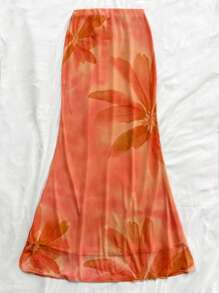 Soleia Women Vacation Orange "Back To School" Vintage Oversized Floral Net Print Long Fitted Mermaid Hem Bodycon Skirt