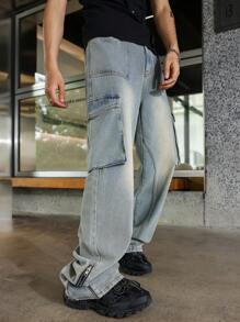 Manfinity Roghcode Vintage Men's Front Blue Distressed Wide Leg Jeans - Teal Blue - View 3