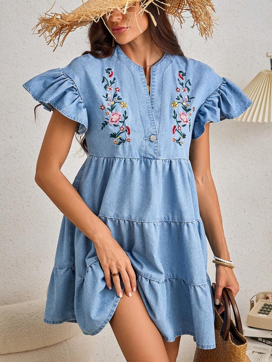 SHEIN LUNE Floral Embroidery Flounce Sleeve Ruffle Hem Denim Dress - Light Wash - View 1