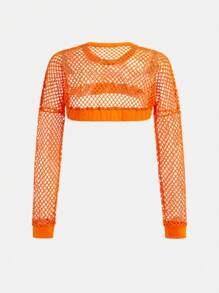 Teen Girl's Summer Casual Cropped Fishnet Top + Solid Color Tube Top + Shorts Set - Multicolor - View 14