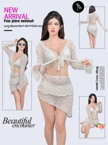 女士纯色露背比基尼套装，适合夏季海滩，带长袖罩衫和罩衫裙，4 件套