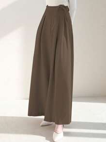 DAZY Women's Solid Colored Wide Leg Pants With Tie Waist - Coffee Brown - View 4
