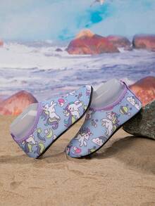 1 Pair Girls' Comfortable & Fashionable Casual Beach Breathable Quick-Dry Blue & Purple Rainbow Pony Cute Water Shoes