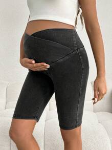 SHEIN Spodenki dżinsowe ciążowe Slim Fit Bermudy Elastyczny krzyż w pasie Czarne