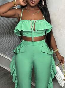 BamGleam 夏季荷葉邊系帶背心上衣和露脚褲 - 綠色 - 查看 4